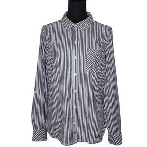 Tommy Hilfiger Women's Striped Roll Tab Button-Down Gray Sz M New